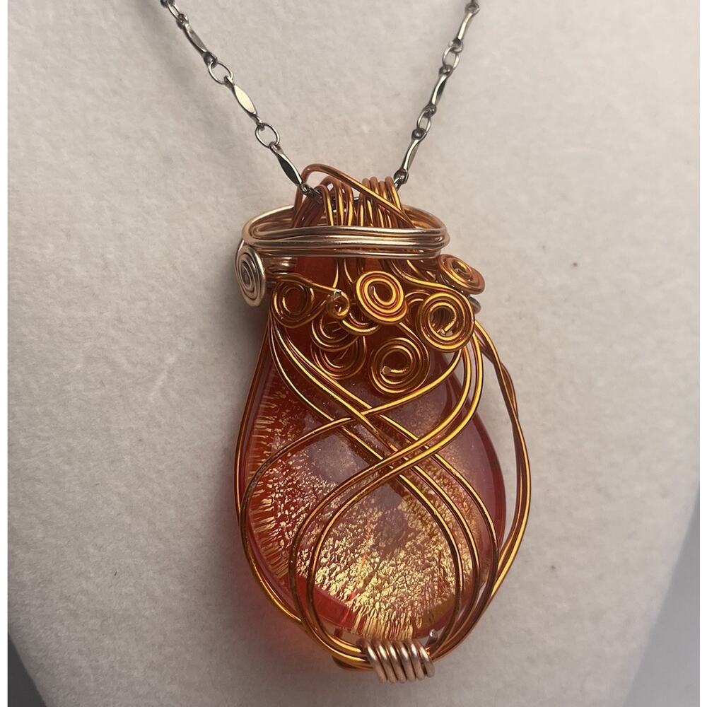 Murano Style Art Glass Pendant Necklace Amber Gold Wire Wrapped Metal Chain 28"